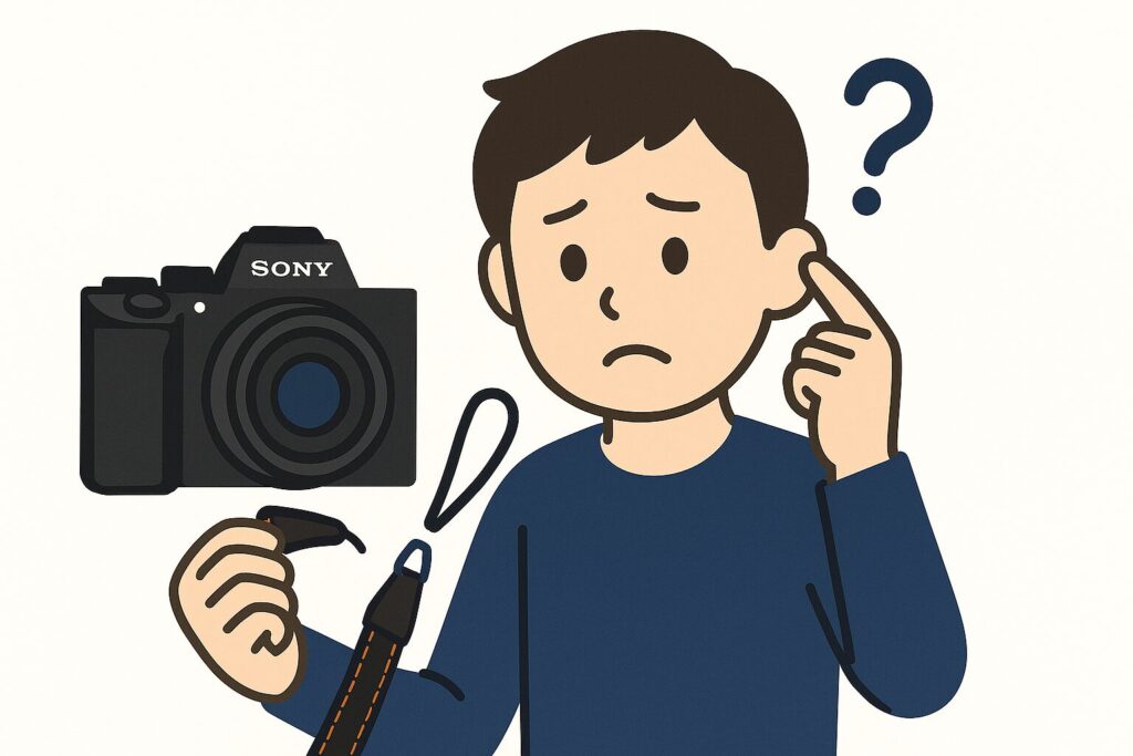 カメラのストラップが取り付けられなくて悩んでいる様子